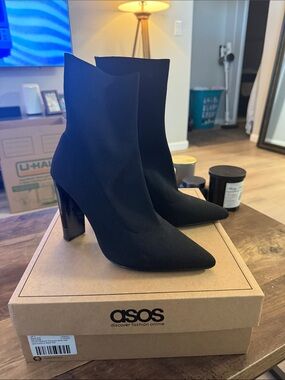ASOS Black Pointed Sock Ankle Booties with Block Heel